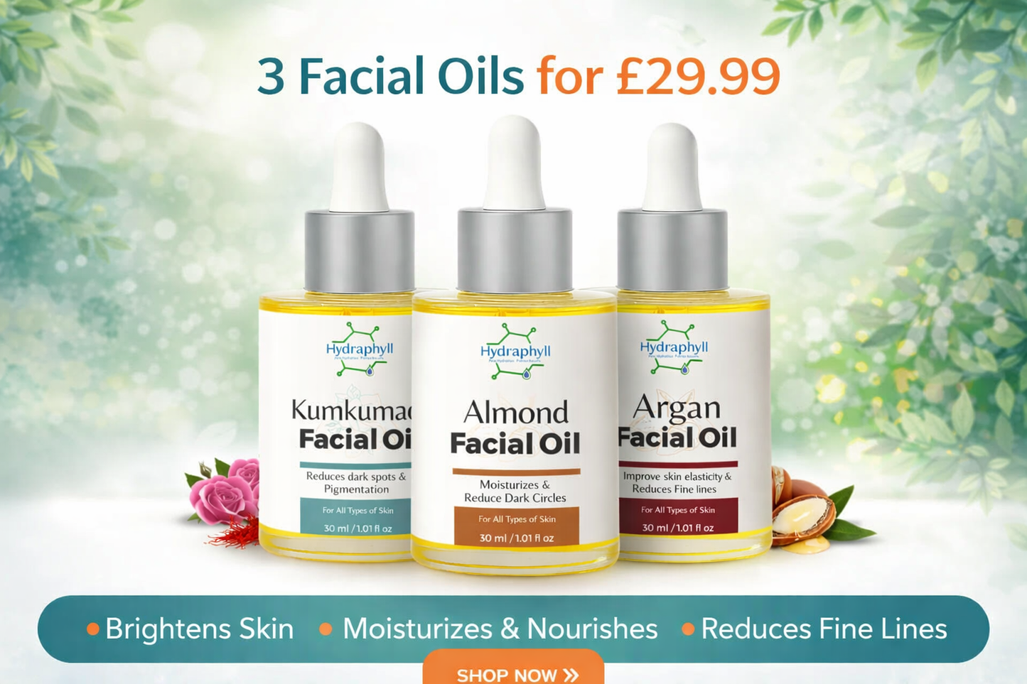 Kumkumadi, Argan & Almond Facial Oil Trio – Buy 1 Get 2 Free for £29.99